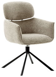 Moderner Sessel mit gepolstertem Sitz und Rückenlehne in beige, auf schwarzem Metallgestell, seitliche Perspektive