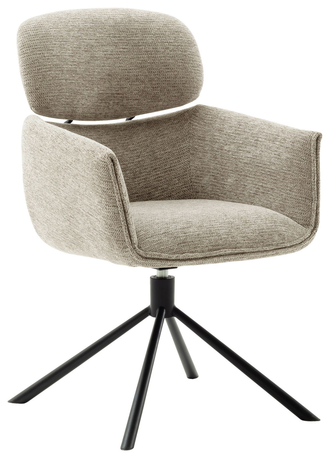 Moderner Sessel mit gepolstertem Sitz und Rückenlehne in beige, auf schwarzem Metallgestell, seitliche Perspektive