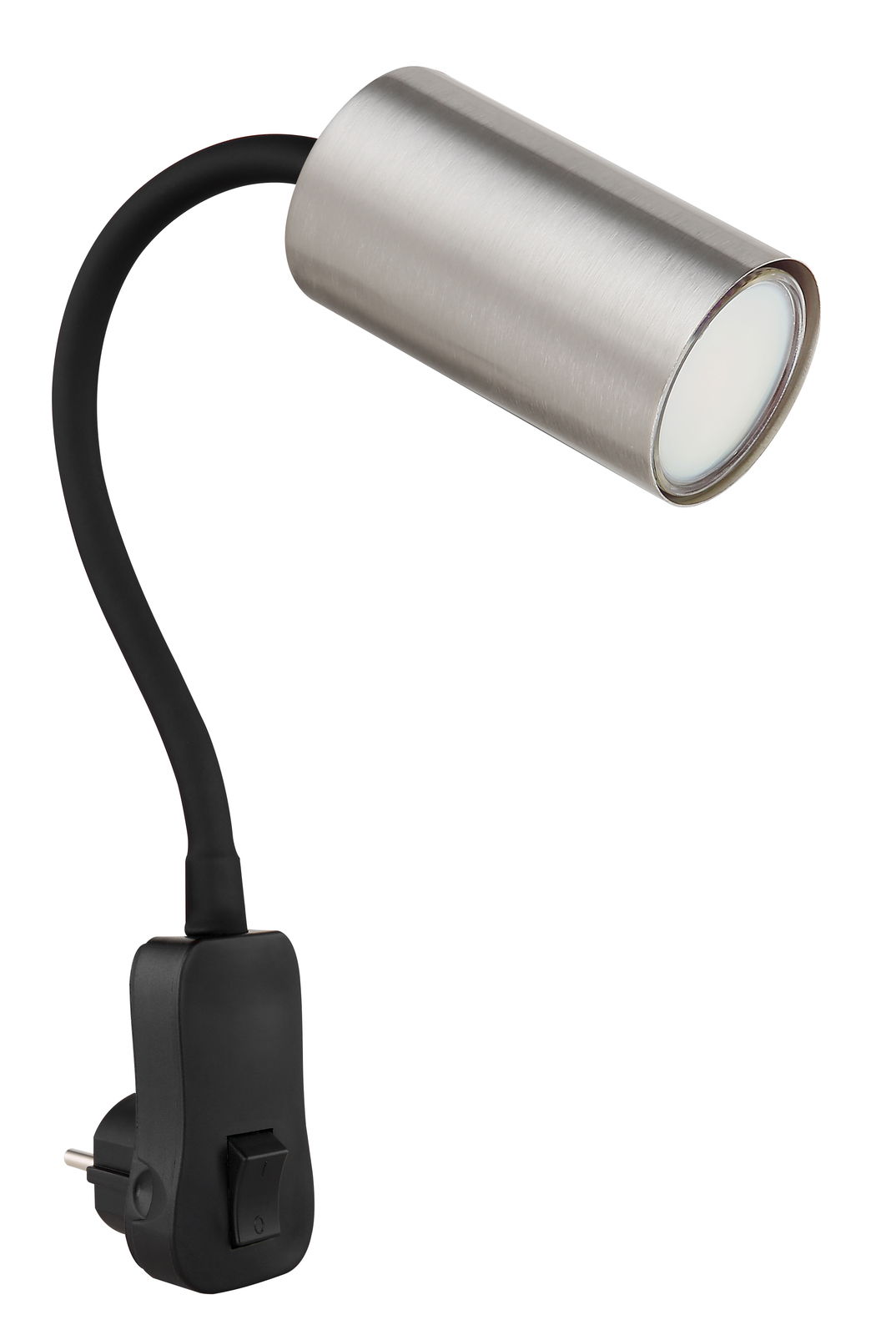 Wandleuchte mit flexiblem Arm und modernem, nickelgebürstetem Strahler, seitliche Perspektive