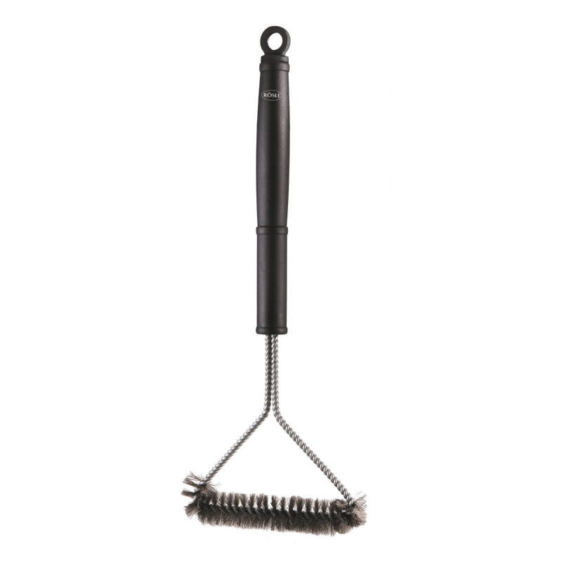 Grillrost-Reinigungsbürste mit schwarzem Griff und robusten Borsten, seitliche Ansicht
