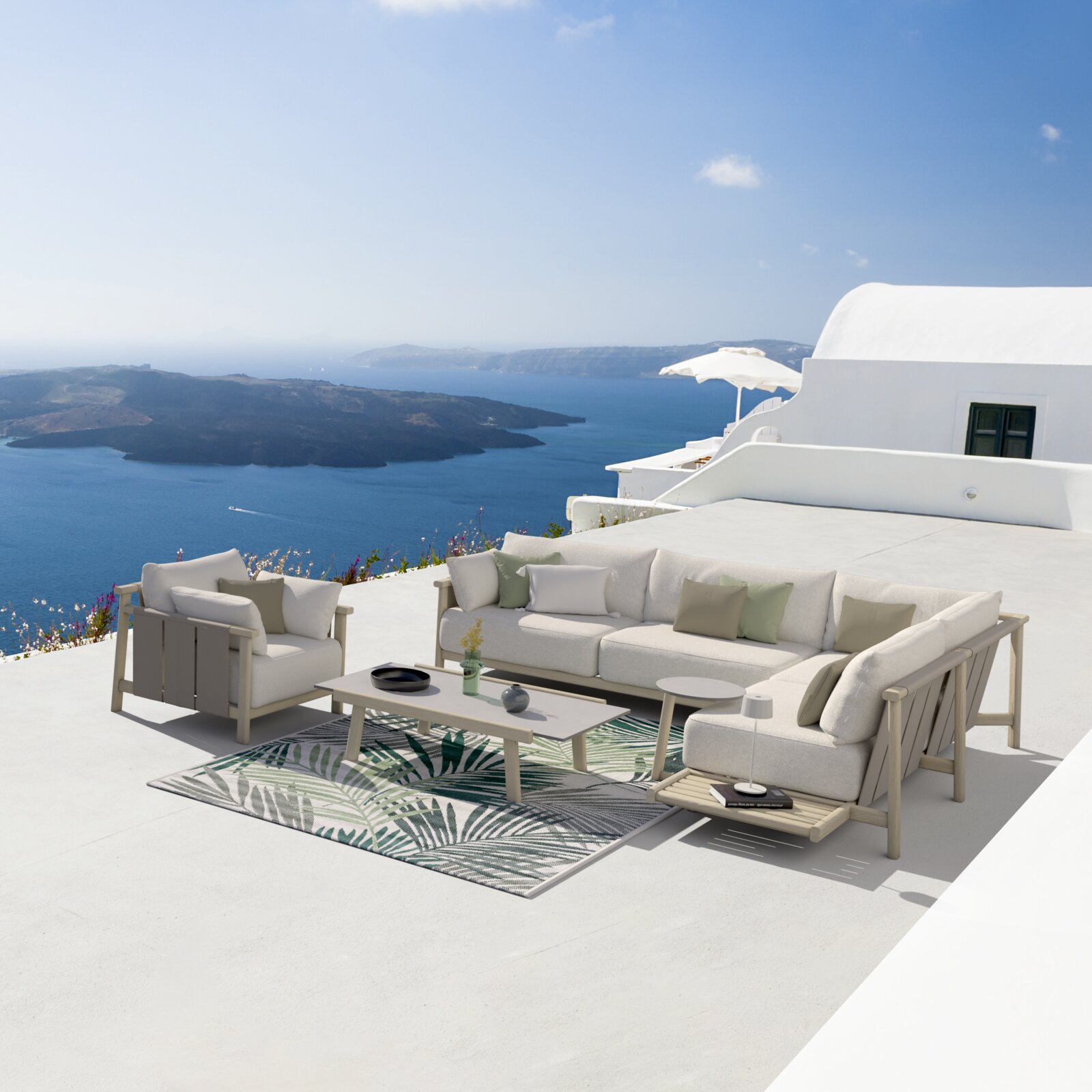 Loungeeckgarnitur Dieter Knoll MARI auf einer Terrasse mit Meerblick, seitliche Perspektive