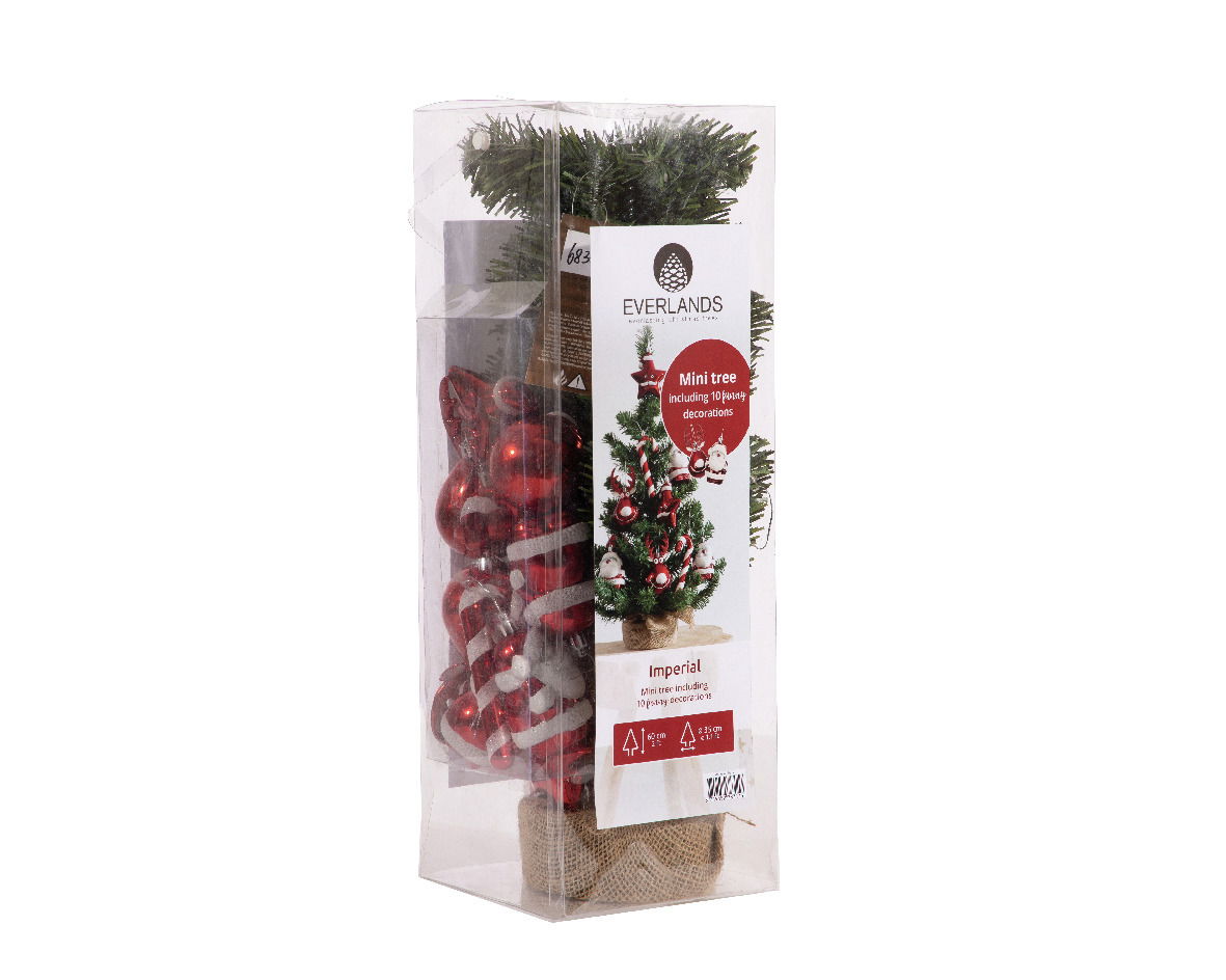 Verpackter Imperial Minibaum Indoor mit Dekorationen, seitliche Perspektive