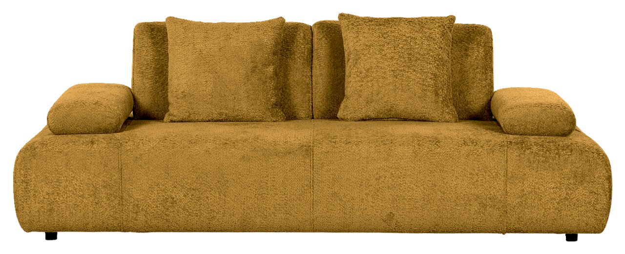 Zweisitzer-Sofa in senfgelber Farbe, Frontalansicht mit zwei Rückenkissen und Armlehnen.