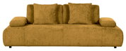 Zweisitzer-Sofa in senfgelber Farbe, Frontalansicht mit zwei Rückenkissen und Armlehnen.