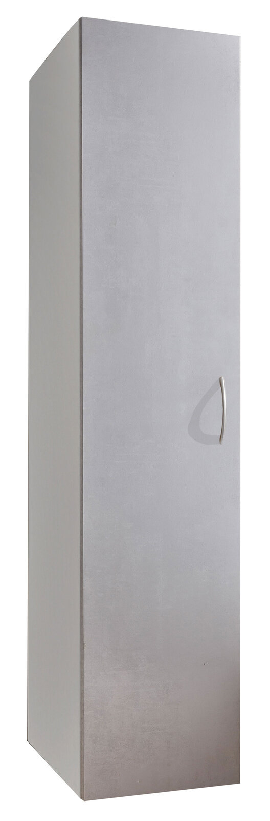 Grauer Mehrzweckschrank mit schlichter Frontansicht und silbernem Griff, perspektivisch von vorne fotografiert.