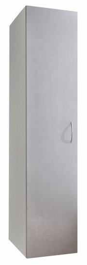 Grauer Mehrzweckschrank mit schlichter Frontansicht und silbernem Griff, perspektivisch von vorne fotografiert.