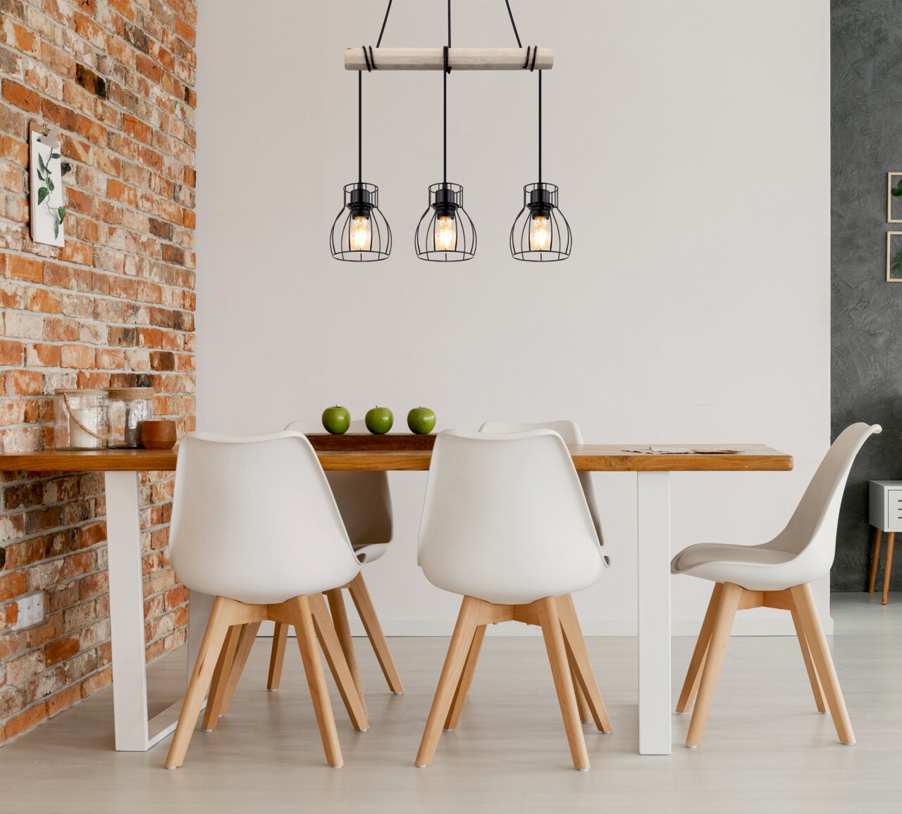 Globo Lighting Hängeleuchte MINA Moderne Hängeleuchte mit drei Käfiglampen über einem Esstisch, seitliche Perspektive