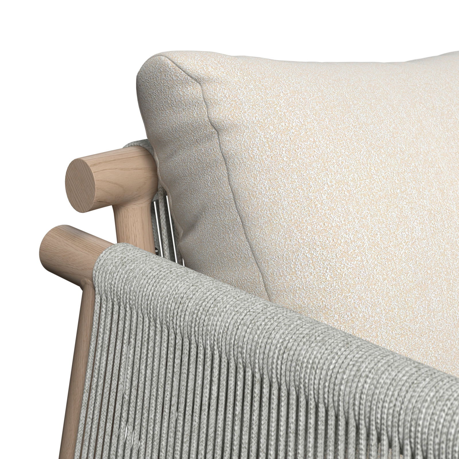 Nahaufnahme eines Loungegarnitur-Sets mit hellem Kissen und Holzrahmen, seitliche Perspektive