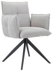 Grauer Armlehnstuhl mit gepolstertem Sitz und Rückenlehne, aus seitlicher Perspektive fotografiert, auf schwarzem Metallgestell.