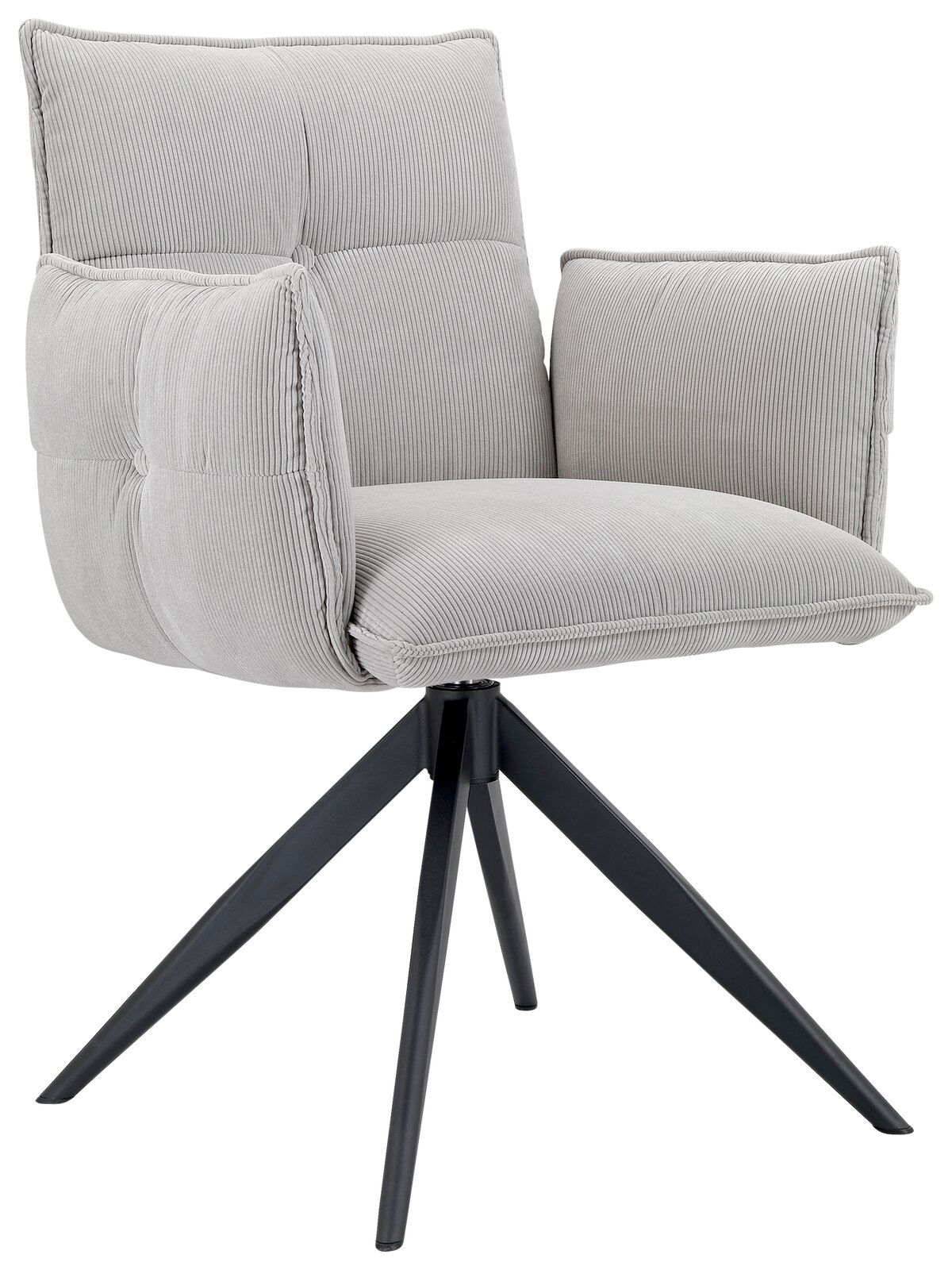 Novel Armlehnstuhl COCO Grauer Armlehnstuhl mit gepolstertem Sitz und Rückenlehne, aus seitlicher Perspektive fotografiert, auf schwarzem Metallgestell.