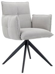 Grauer Armlehnstuhl mit gepolstertem Sitz und Rückenlehne, aus seitlicher Perspektive fotografiert, auf schwarzem Metallgestell.