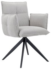 Grauer Armlehnstuhl mit gepolstertem Sitz und Rückenlehne, aus seitlicher Perspektive fotografiert, auf schwarzem Metallgestell.