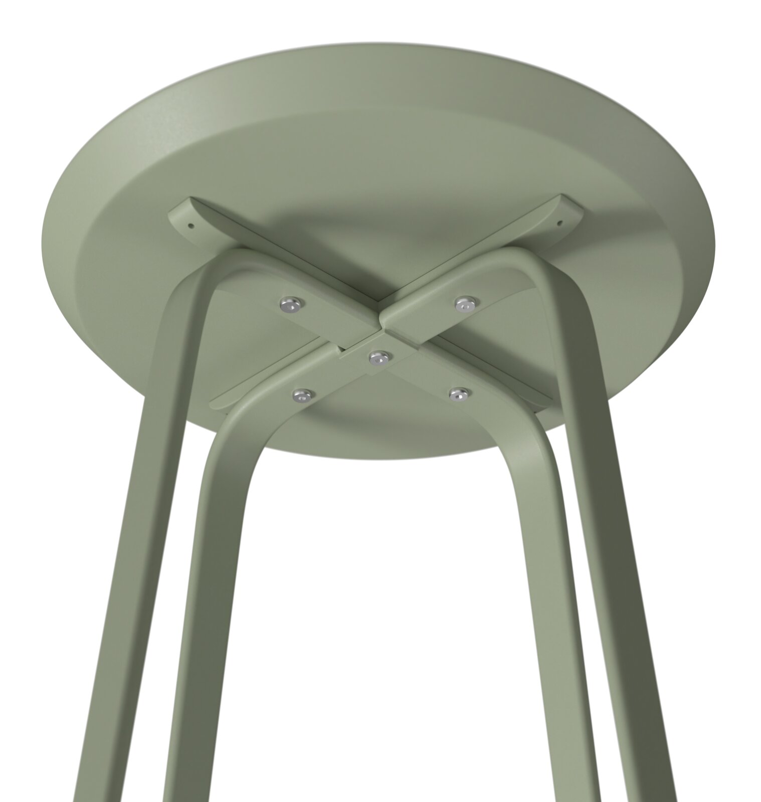 Unteransicht eines grünen Beistelltisches mit Metallbeinen und runder Tischplatte.