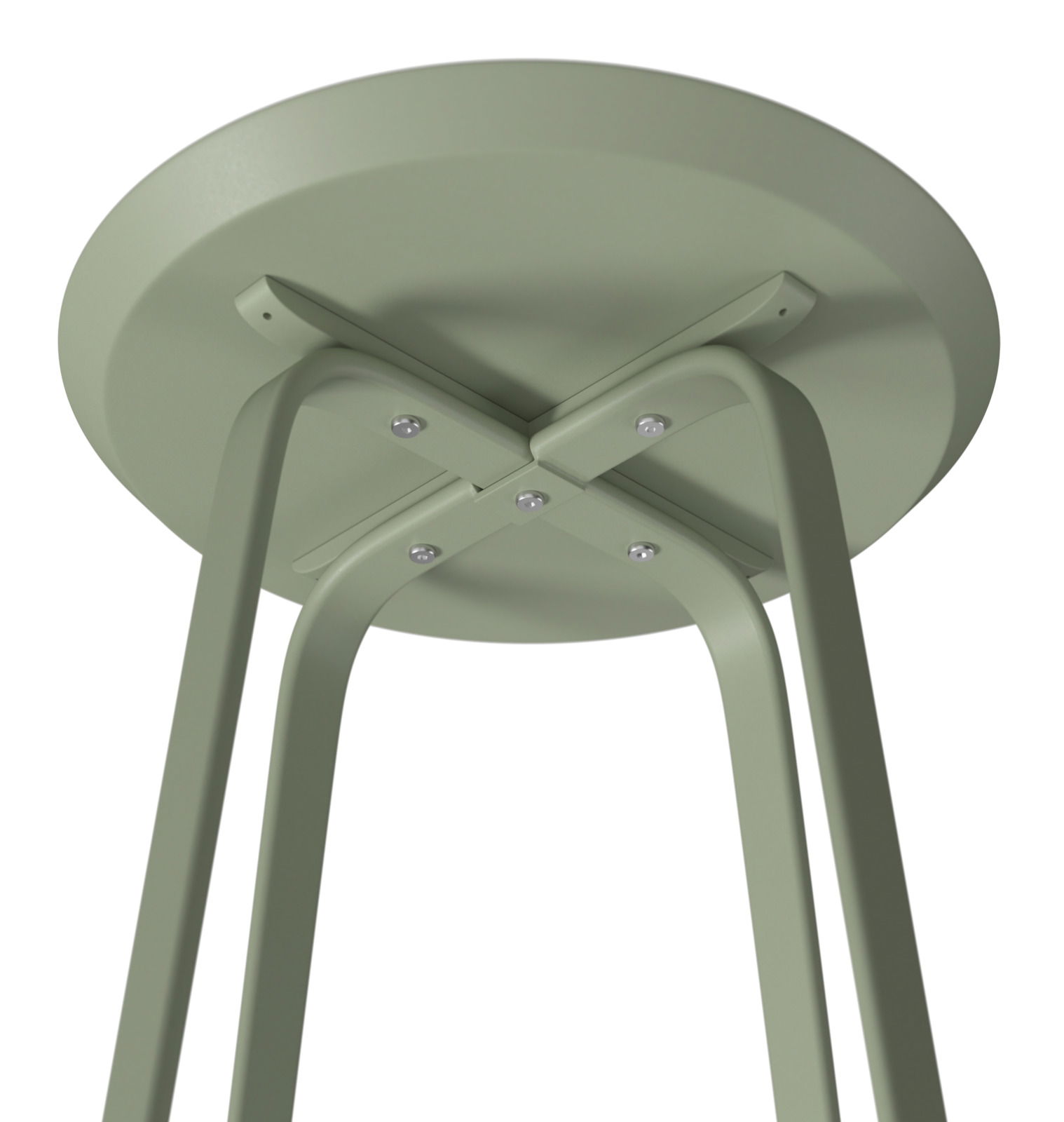 Unteransicht eines grünen Beistelltisches mit Metallbeinen und runder Tischplatte.