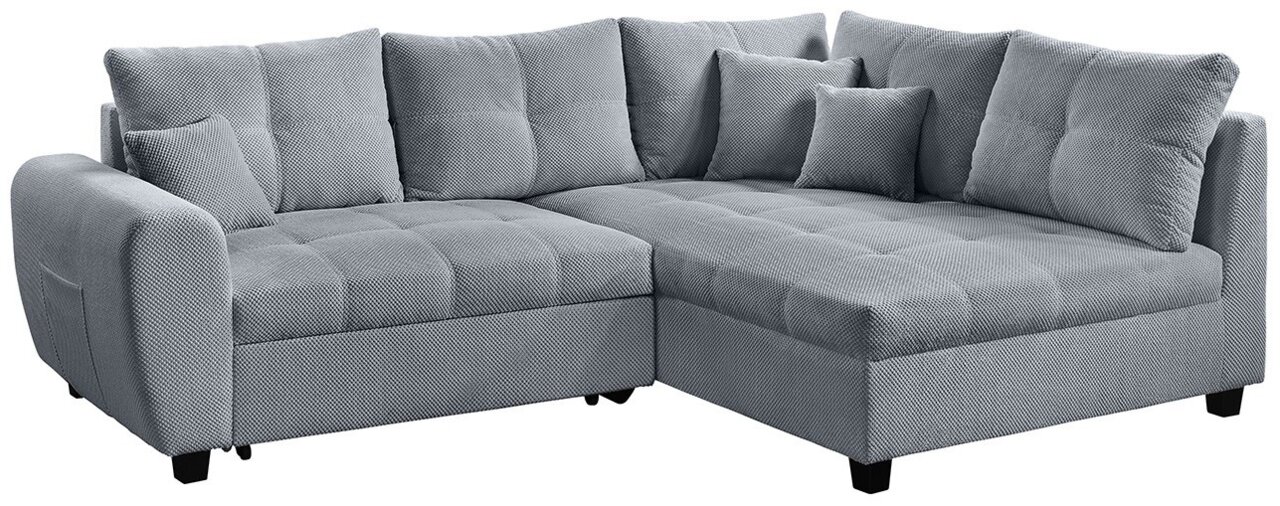 Z2 Ecksofa BELLUNO Graues Ecksofa mit weichem Stoffbezug, mehreren Kissen und einer linken Armlehne, Perspektive von vorne rechts.