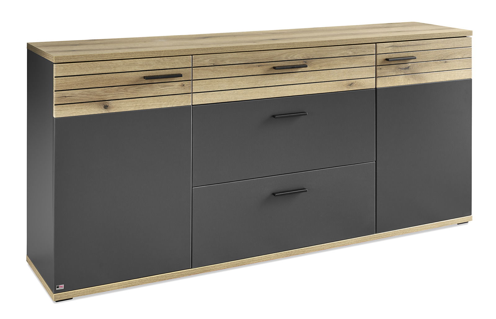 Modernes Sideboard mit Holz- und Dunkelgrau-Elementen, Frontansicht