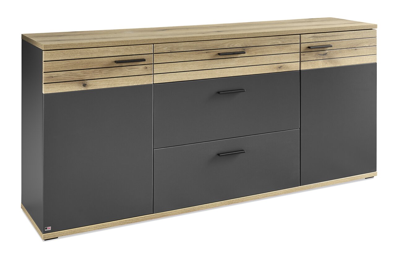 Modernes Sideboard mit Holz- und Dunkelgrau-Elementen, Frontansicht