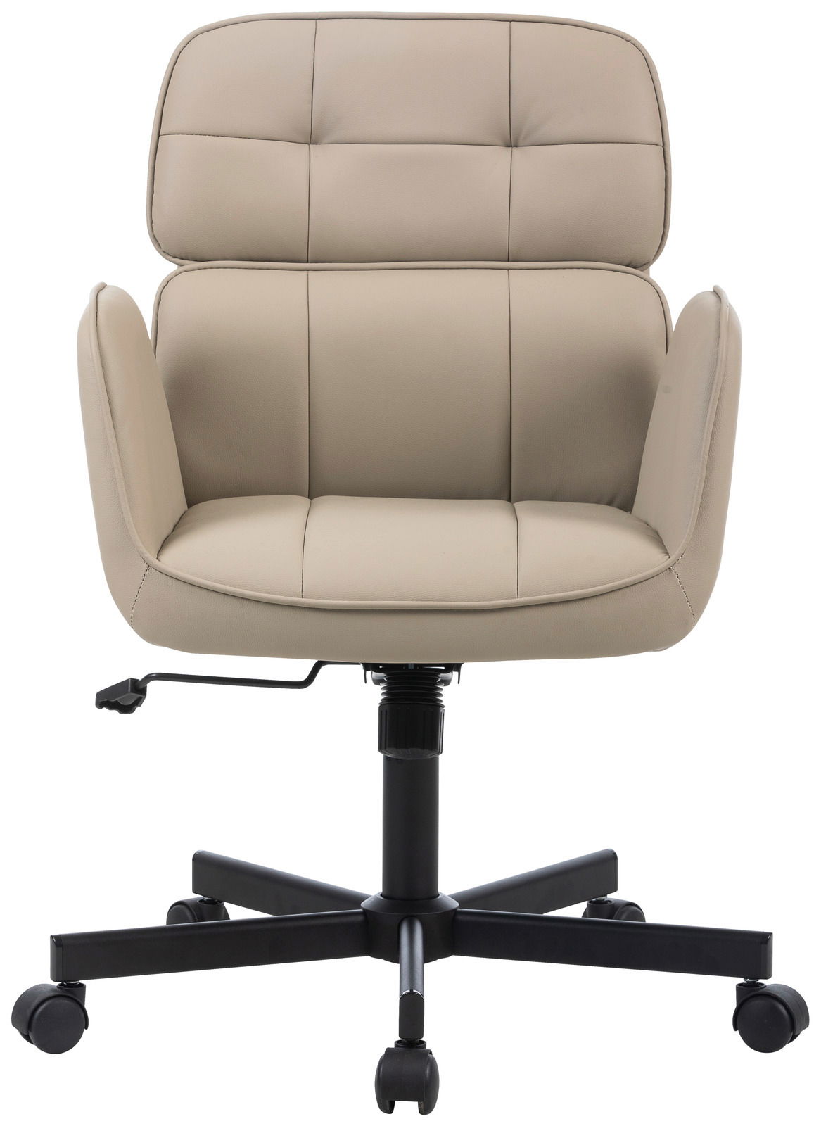 Beiger Drehstuhl mit gepolsterter Rückenlehne und Armlehnen, Vorderansicht