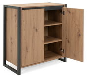 Kommode aus Holz mit Metallrahmen, geöffnete Türen, seitliche Perspektive