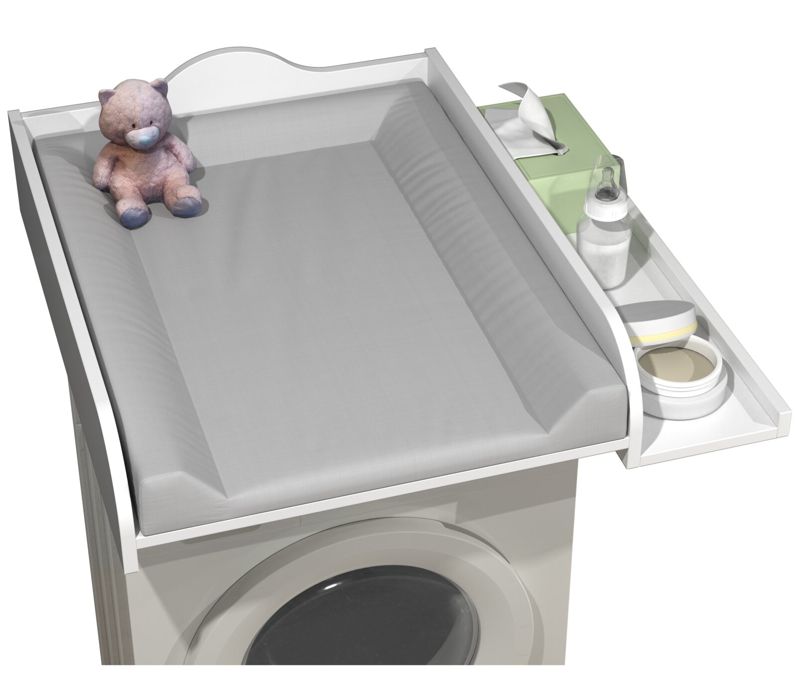Wickelaufsatz für Waschmaschine mit gepolsterter, grauer Wickelauflage und seitlichem Ablagefach mit Feuchttuchbox, Babyflasche und Creme, Ansicht schräg von oben.