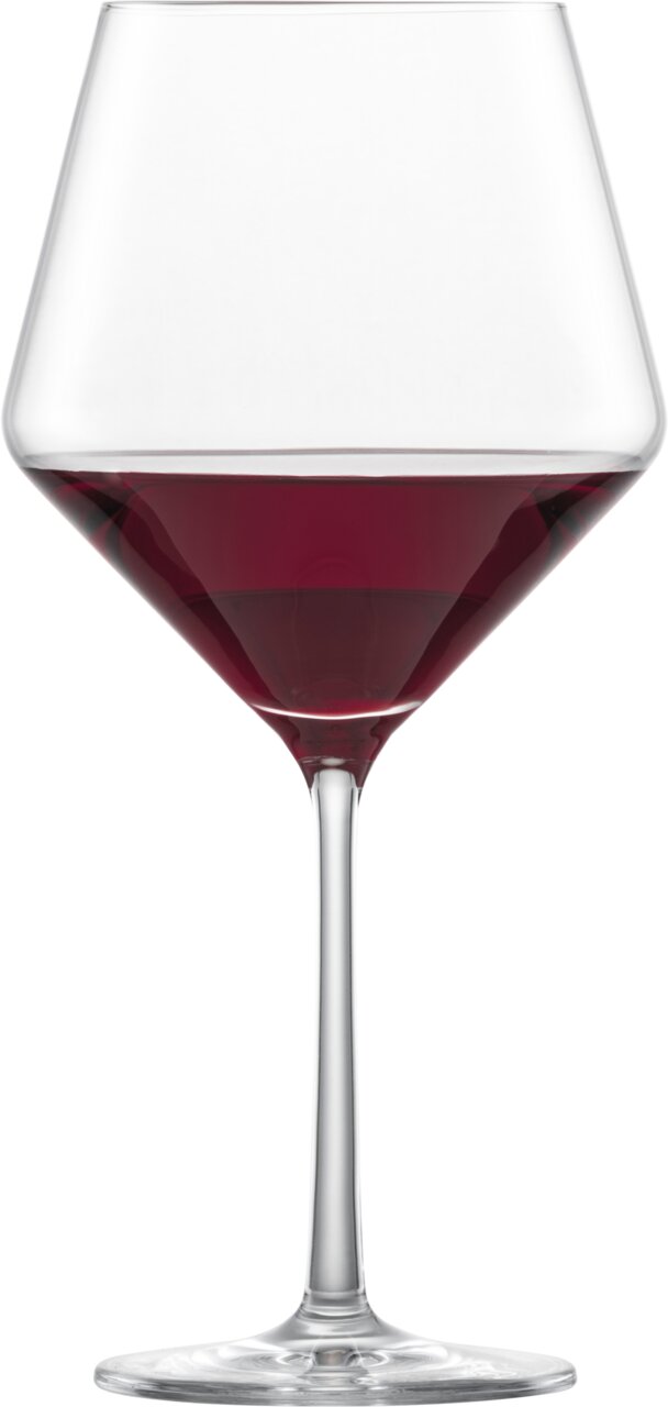 Burgunder Rotweinglas Pure, gefüllt mit Rotwein, in Frontalansicht