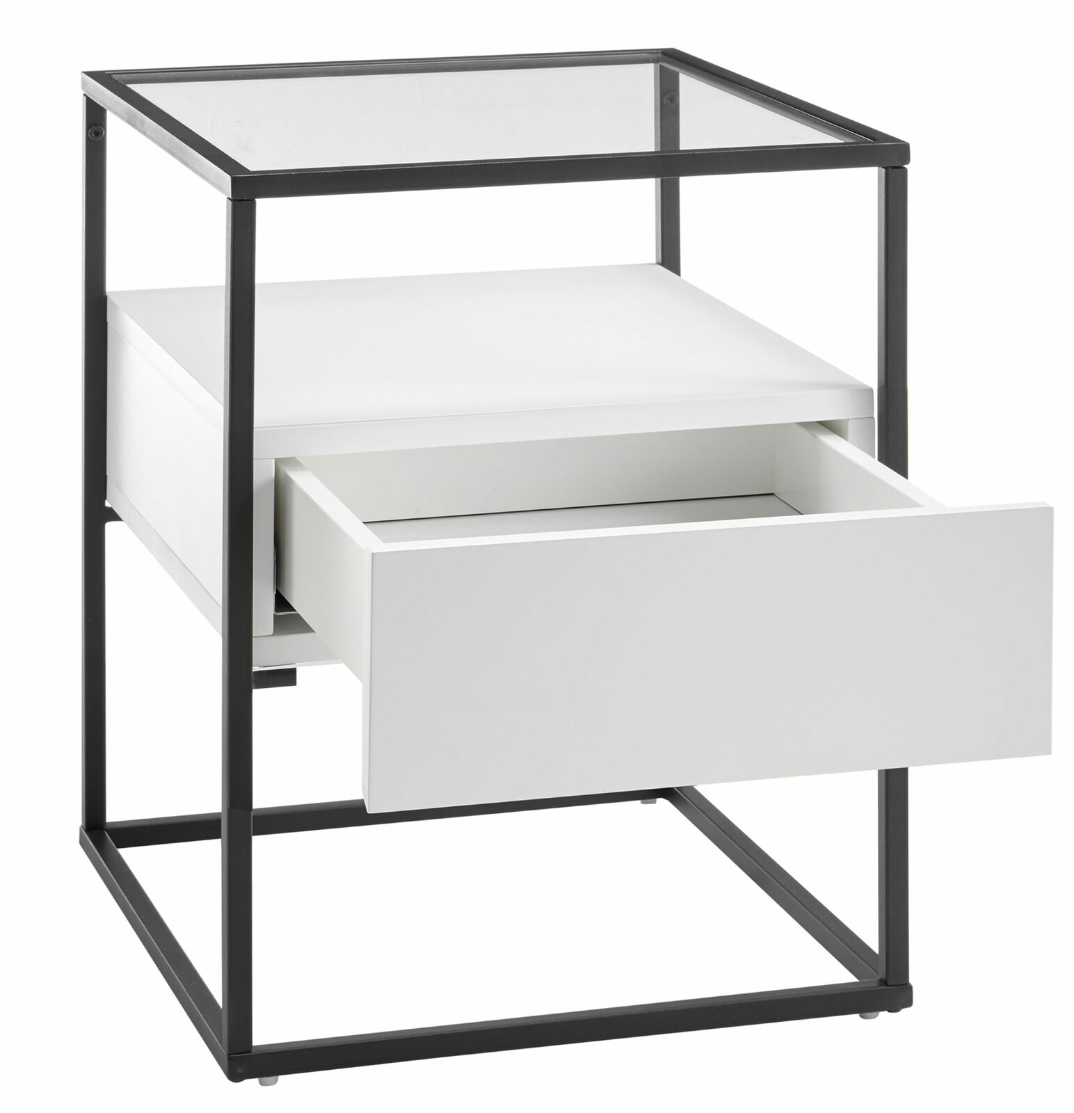 Moderner Beistelltisch mit Glasplatte und offenem Schubfach, seitliche Perspektive