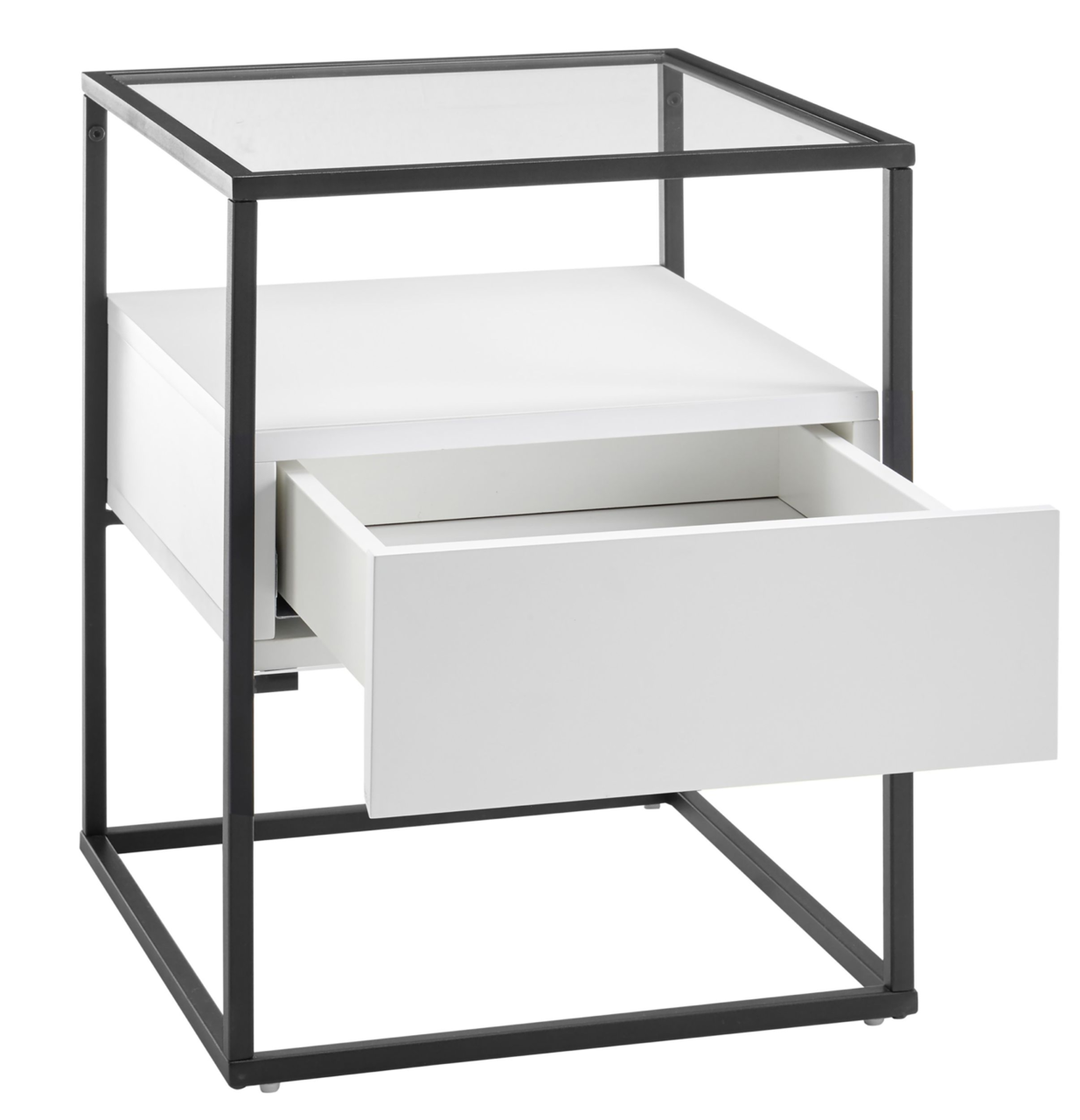Moderner Beistelltisch mit Glasplatte und offenem Schubfach, seitliche Perspektive
