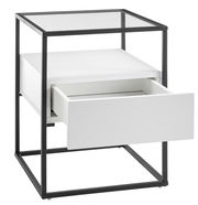 Moderner Beistelltisch mit Glasplatte und offenem Schubfach, seitliche Perspektive