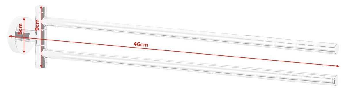 Dubbele handdoekhouder van metaal, gezien vanaf de zijkant, met een lengte van 46 cm en een hoogte van 9 cm.