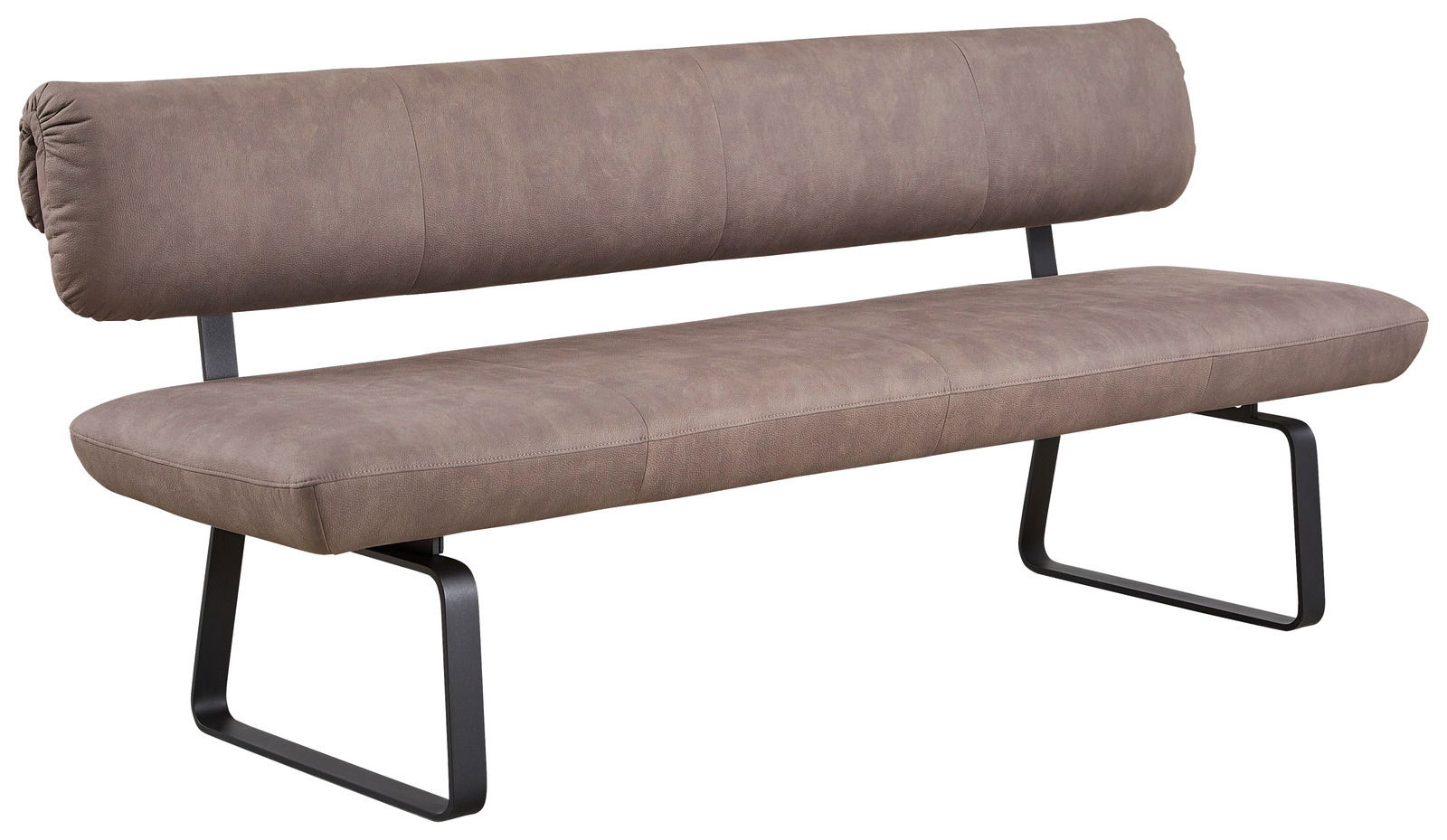 Moderne Sitzbank 220cm mit braunem Polster und schwarzem Metallgestell, seitliche Perspektive