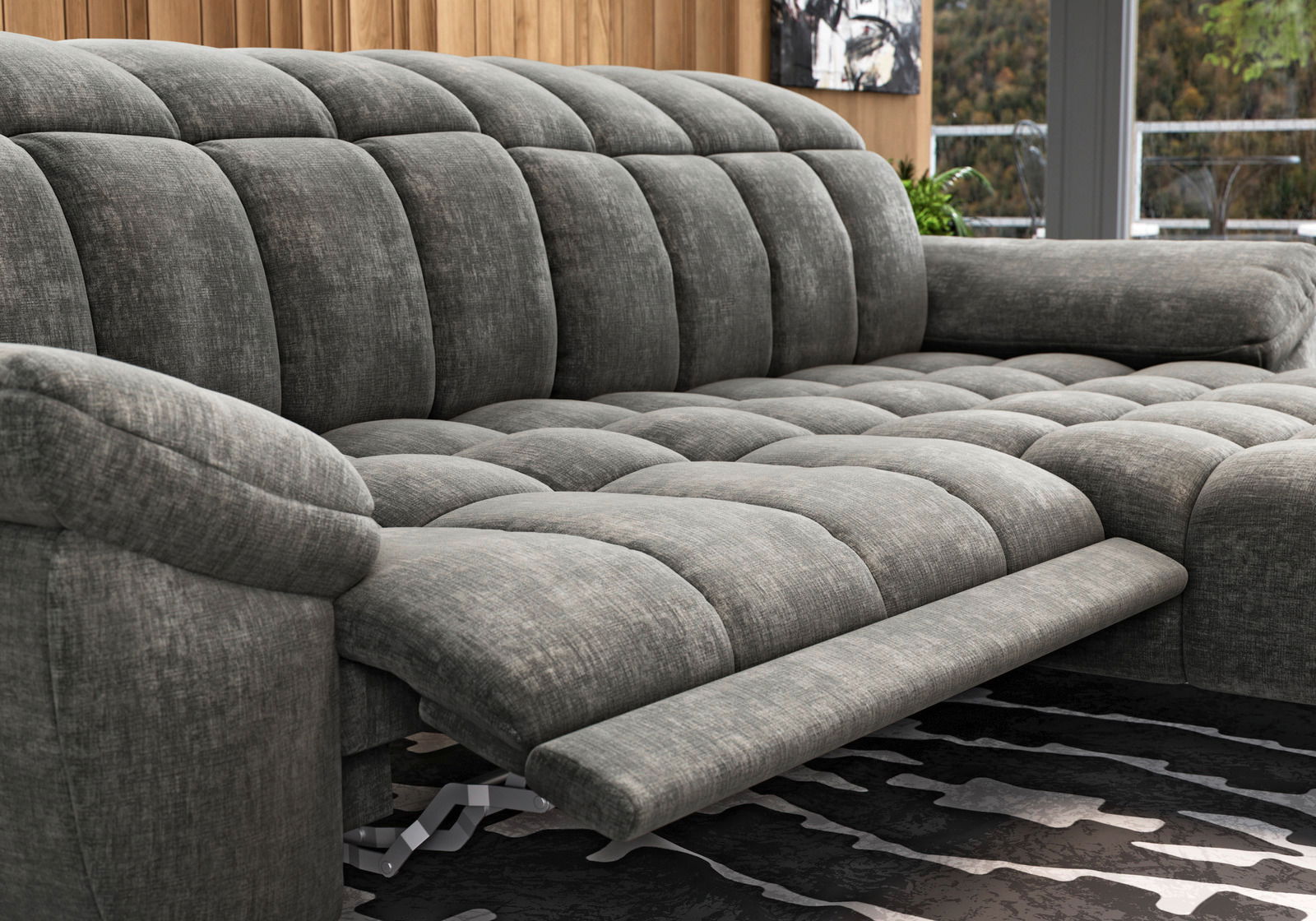 Graues, gepolstertes Longchair-Sofa mit verstellbarer Fußstütze, seitliche Perspektive