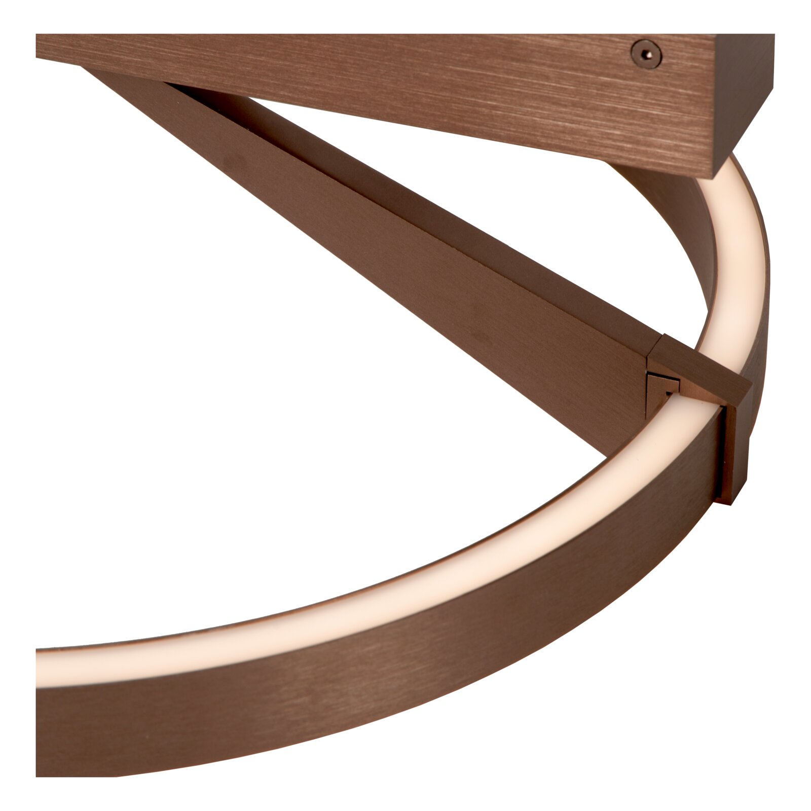 Detailaufnahme einer modernen LED-Deckenleuchte in Bronze/Antikmessing mit ringförmigem Lichtband und diagonalem Steg, schräg von unten fotografiert