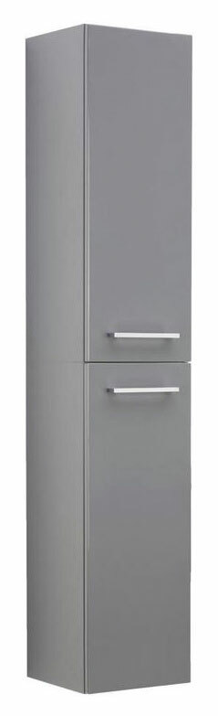 Grauer, zweiteiliger Hochschrank mit zwei Türen und silbernen Griffen, frontal abgebildet.