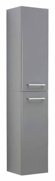 Grauer, zweiteiliger Hochschrank mit zwei Türen und silbernen Griffen, frontal abgebildet.