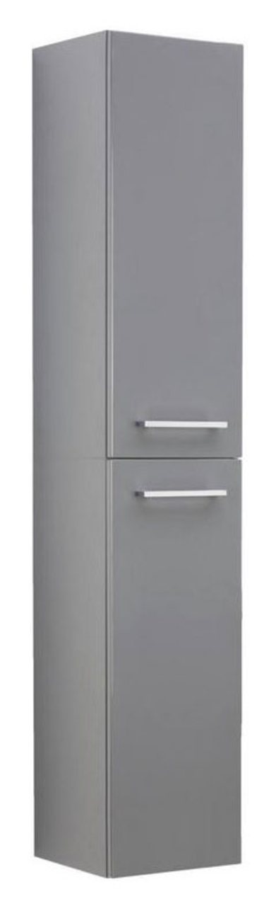 Grauer, zweiteiliger Hochschrank mit zwei Türen und silbernen Griffen, frontal abgebildet.