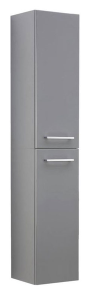 Grauer, zweiteiliger Hochschrank mit zwei Türen und silbernen Griffen, frontal abgebildet.
