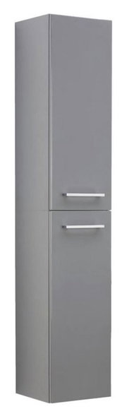 Grauer, zweiteiliger Hochschrank mit zwei Türen und silbernen Griffen, frontal abgebildet.