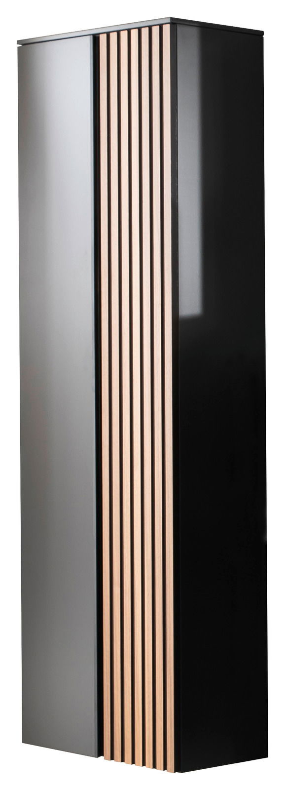 Moderner Hänge-Garderobenschrank in schwarzem Hochglanz mit vertikalen Holzstreifen, seitliche Perspektive