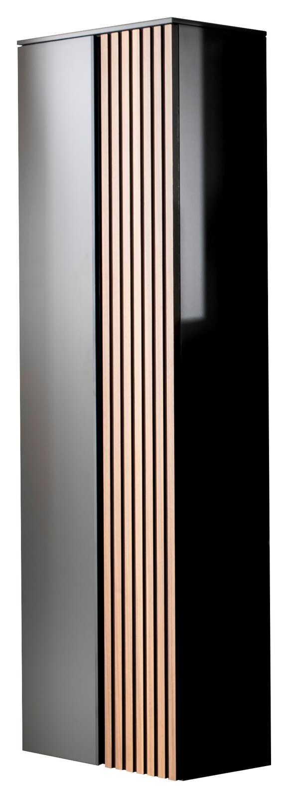 Moderano Hänge-Garderobenschrank ARTA Moderner Hänge-Garderobenschrank in schwarzem Hochglanz mit vertikalen Holzstreifen, seitliche Perspektive