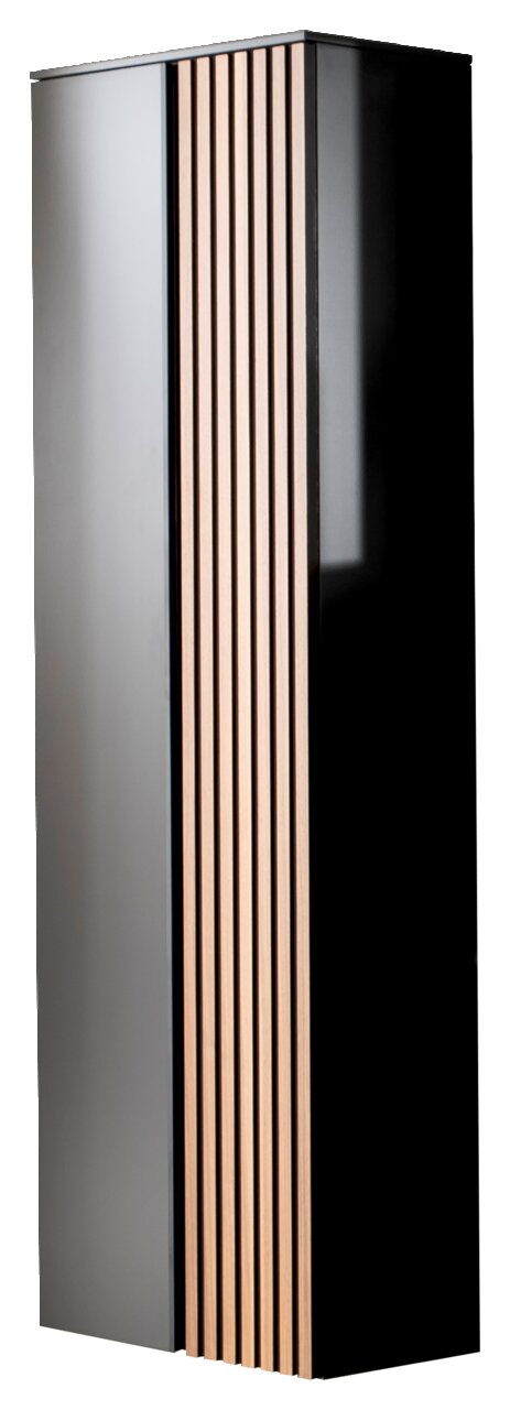 Moderner Hänge-Garderobenschrank in schwarzem Hochglanz mit vertikalen Holzstreifen, seitliche Perspektive