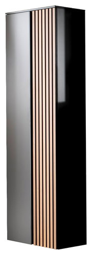 Moderner Hänge-Garderobenschrank in schwarzem Hochglanz mit vertikalen Holzstreifen, seitliche Perspektive