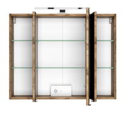 Spiegelschrank aus Holz mit drei Türen, Glasregalen und integrierter Beleuchtung, Frontalansicht