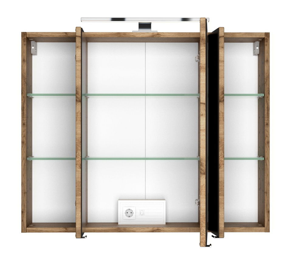 Spiegelschrank aus Holz mit drei Türen, Glasregalen und integrierter Beleuchtung, Frontalansicht