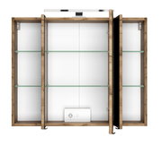 Spiegelschrank aus Holz mit drei Türen, Glasregalen und integrierter Beleuchtung, Frontalansicht
