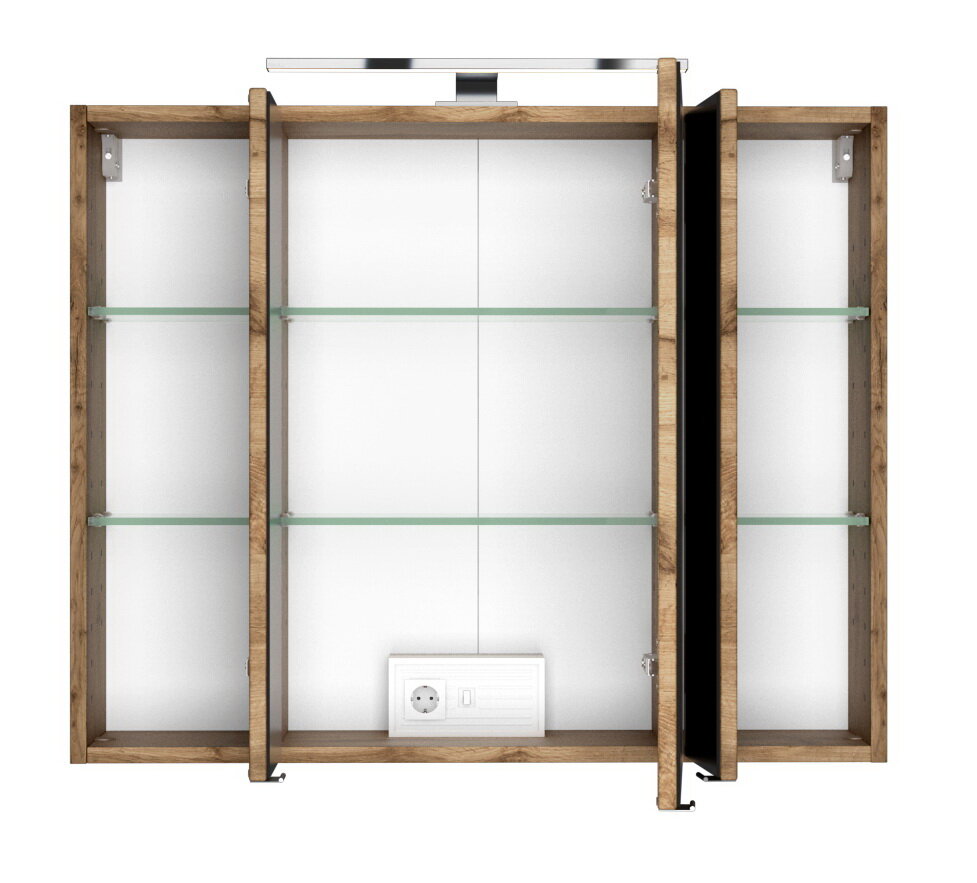 Spiegelschrank aus Holz mit drei Türen, Glasregalen und integrierter Beleuchtung, Frontalansicht