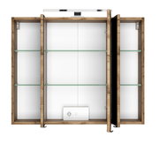 Spiegelschrank aus Holz mit drei Türen, Glasregalen und integrierter Beleuchtung, Frontalansicht