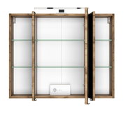 Spiegelschrank aus Holz mit drei Türen, Glasregalen und integrierter Beleuchtung, Frontalansicht