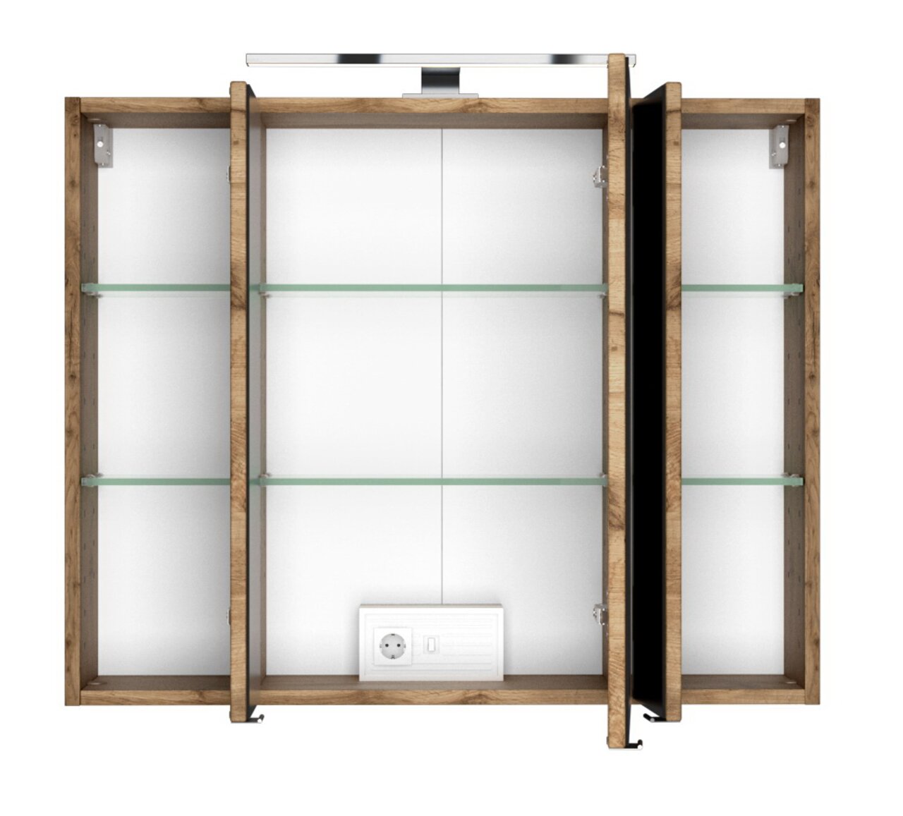 Spiegelschrank aus Holz mit drei Türen, Glasregalen und integrierter Beleuchtung, Frontalansicht