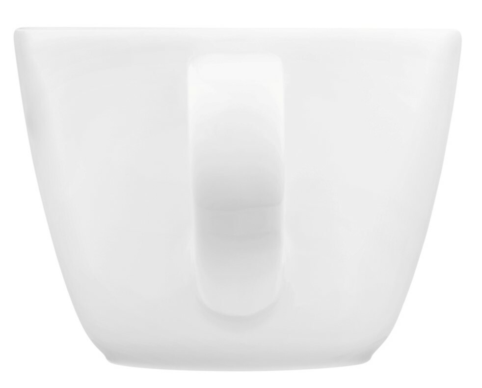 Weiße Espressotasse Life 0,09l, frontal abgebildet mit Henkel auf der rechten Seite.