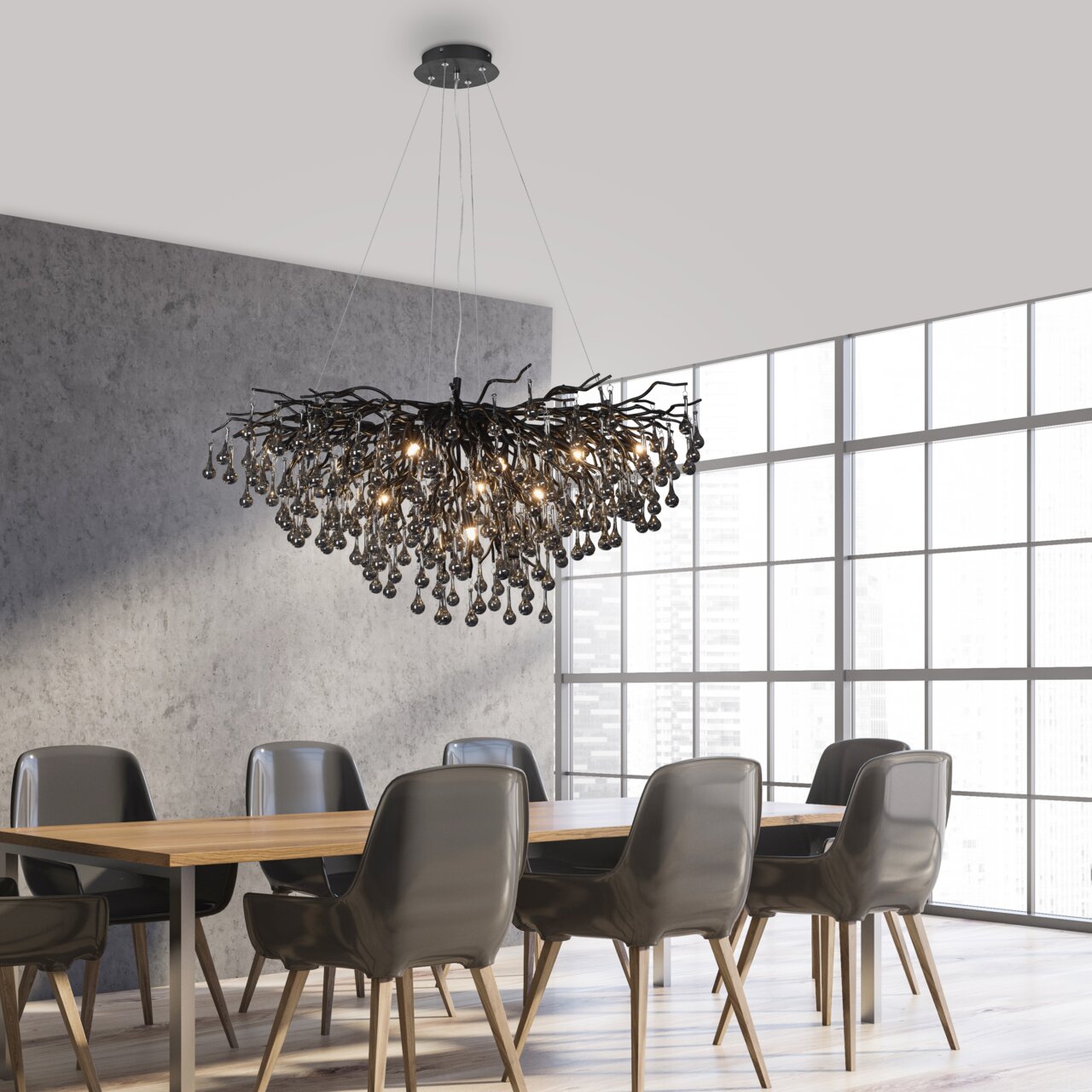 Moderne kroonluchter ICICLE in een elegante eetkamer, van onderaf gezien, met een ontwerp van vertakte structuren en hangende glazen druppels.